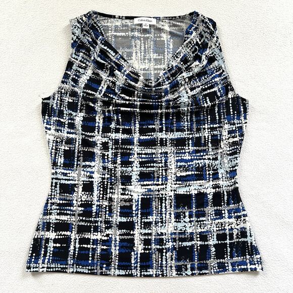 Calvin Klein Blue Black White Dot Abstract Print Draped Neck Sleeveless Top M - Picture 1 of 6